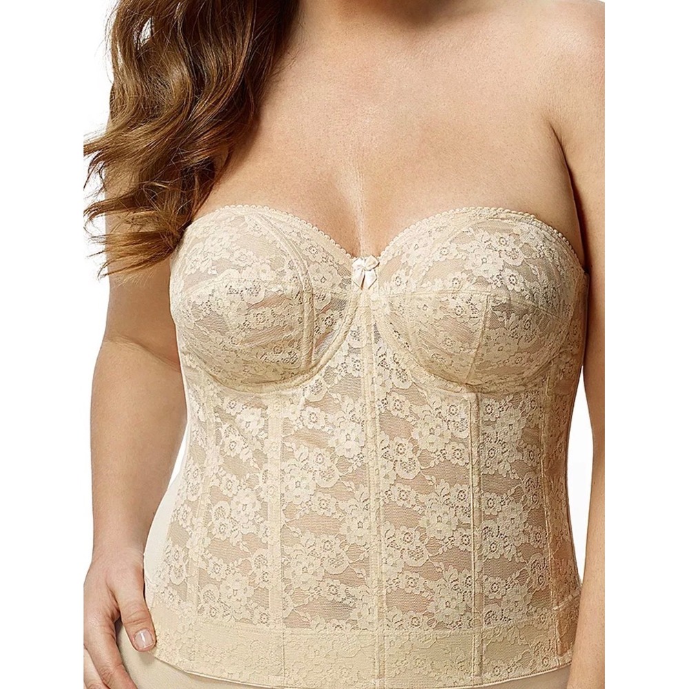 Elila 6621 Floral Lace Strapless Longline Bustier Bra Nude 40H